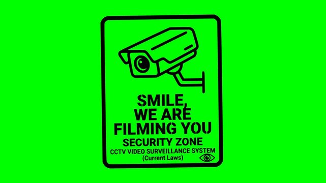 animation of a CCTV security camera warning sign with text smile we are filming you over a chroma key green screen background
