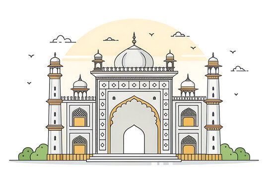Heritage gateway with elegant horseshoe arch and small chhatris, minimal vector illustration