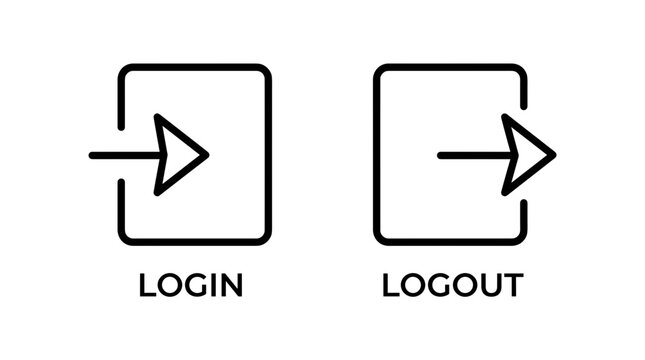 Simple black and white icons representing login and logout actions, with clear arrows indicating direction.