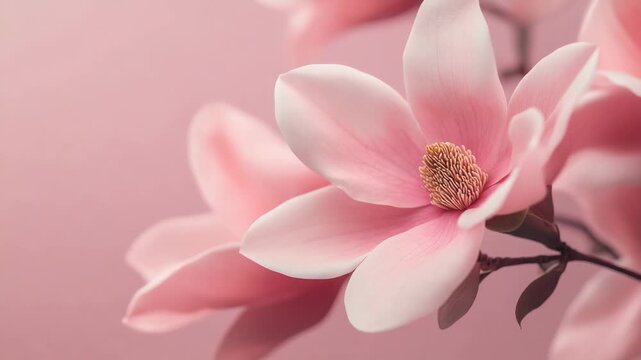 Delicate pink magnolia flower blooming against a pastel background, showcasing its soft petals and detailed stamen, symbolizing spring, renewal, and natural beauty