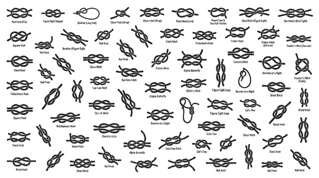Various rope knots and hitches in black and white for sailing, climbing, and other uses.