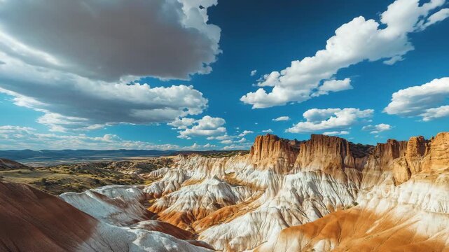 White clouds moving across the blue sky over the colorful orange and white badlands of coal mine canyon in arizona, a scenic desert landscape of the american southwest