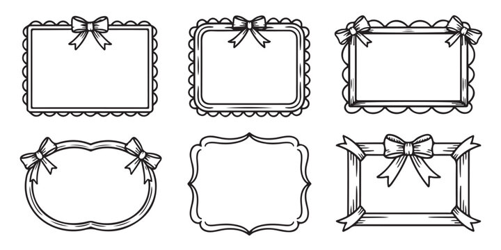 Six hand-drawn decorative frames with bows and scalloped edges