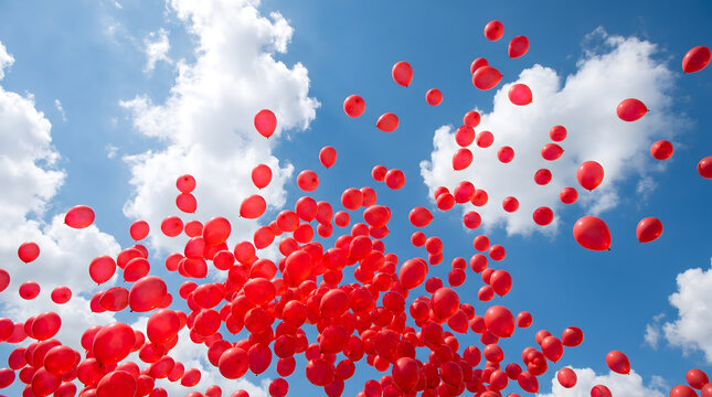 Red balloons floating upward against a bright blue sky with white clouds