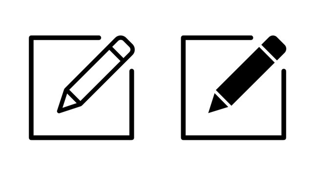Two icons showing a pencil within a square frame, one outline and one solid black, representing editing or writing.