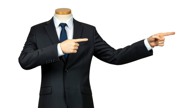 A professional photograph of a suit with a headless mannequin pointing sideways