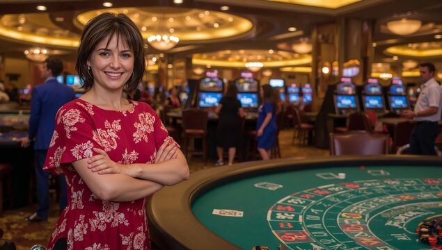 Woman Stands at a Casino Table Smiling While People Play Slot Machines in the Background