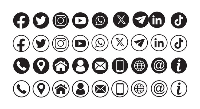 Social media and contact logo icons vector set, facebook, instagram, youtube, whatsapp, phone, email, location symbols