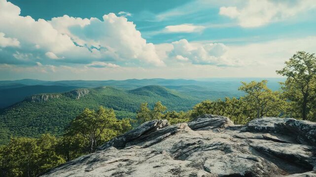 Mountain summit providing a breathtaking panoramic view of the blue ridge mountains with its green forest valley under a cloudy sky on a bright summer day