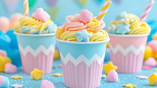 Pastel cupcake party decor with cotton candy marshmallow star candy blue and pink cups striped straws festive cheerful birthday celebration sweet treats