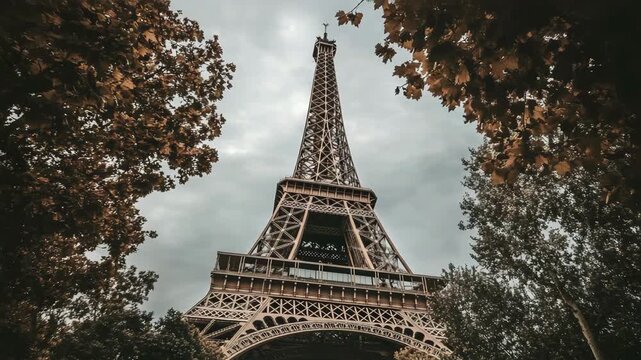 Low-angle view of the eiffel tower in paris framed by autumn trees with golden leaves under a dramatic cloudy sky, representing european travel and iconic landmarks