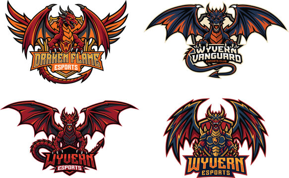 Dragon esports mascot logo collection, 4 wyvern vanguard and draken flame vector emblems, fierce mythical creature gaming badges