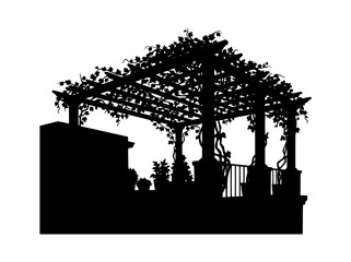 Obraz premium Black silhouette of a garden pergola with climbing ivy and terrace plants
