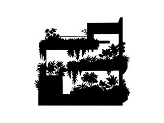 Obraz premium Black silhouette of modern vertical garden building with lush tropical plants