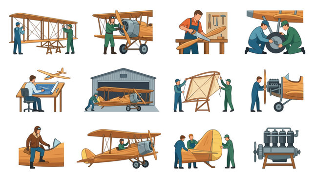 Workers build and repair vintage biplanes in a hangar with tools and parts.