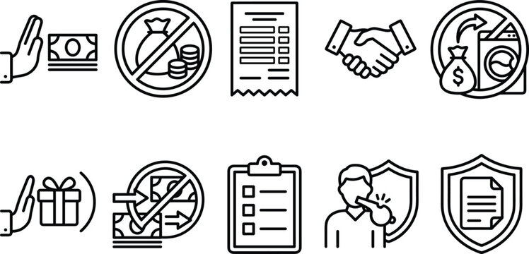 Anti corruption line icons collection set including business bribery financial fraud and professional ethics.