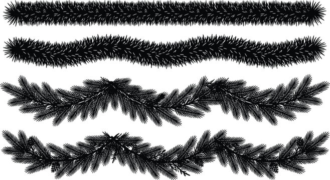 Christmas Fir Branch Garland Silhouette Set with Pine Swag Borders and Fluffy Tinsel Templates for Winter Holiday Festive Frame Design Vector Elements