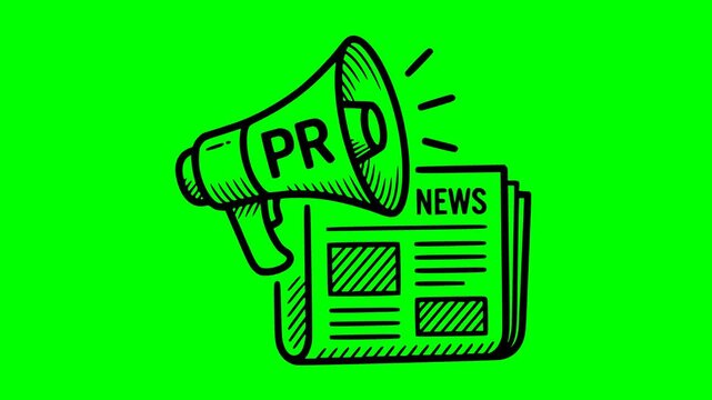 Hand drawn style animation of a pr megaphone and newspaper icon with black fill on a green screen chroma key background for media relations public relations and press communication projects