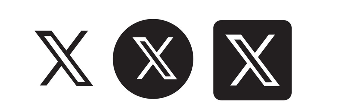 X logo icon set vector, minimalist white x social media logo in outline, circle and rounded square styles isolated on transparent background