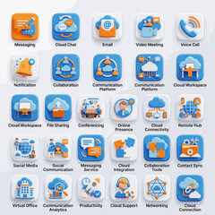 Fototapeta premium Cloud Communication and Collaboration App Icons Set, Digital Technology Icons