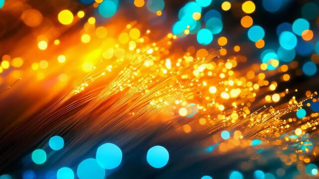 Fiber optic cable transmitting data with abstract glowing lights and bokeh effects representing futuristic technology, high-speed internet, and telecommunication connection