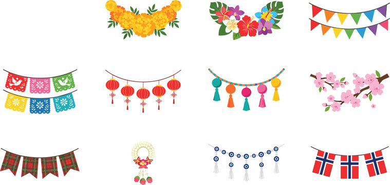 Multicultural Festive Garland and Holiday Bunting Icon Set with Mexican Papel Picado Chinese Lanterns Indian Marigold Sakura and National Flags Vector Elements