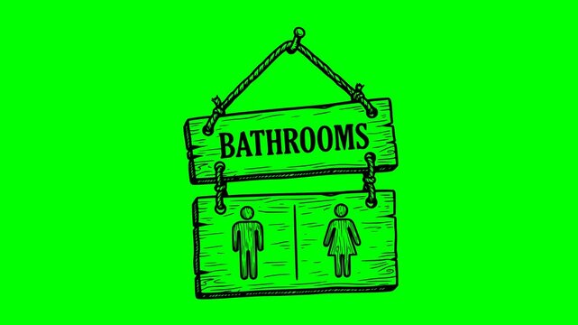 Hand drawn wooden hanging bathrooms sign animation with male and female symbols. Black fill sketch icon on chroma key green screen background for video editing