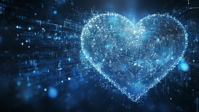 Digital heart glowing with data particles, representing technology, love, romance, artificial intelligence, and futuristic cybersecurity on a blue background