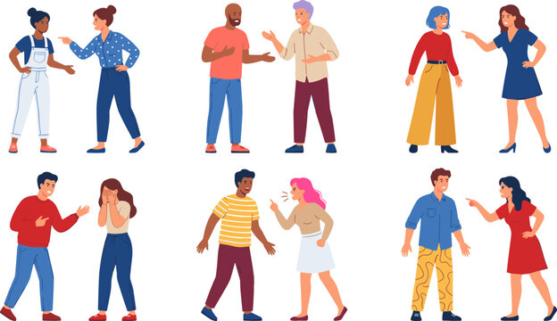 People Arguing and Conflict Vector Character Set with Men and Women Shouting Pointing Fingers and Disagreeing for Relationship Websites and Psychology Apps