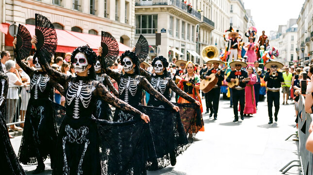 Skeleton makeup dancers performing street parade with fans and traditional costumes