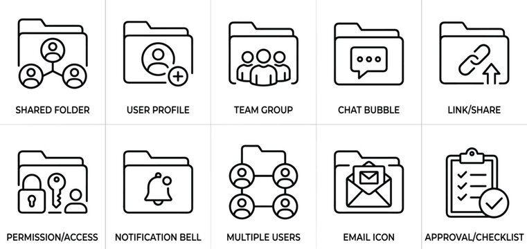 set of 10 folder line icons such as shared folder, user profile, team group, chat bubble, link or share.