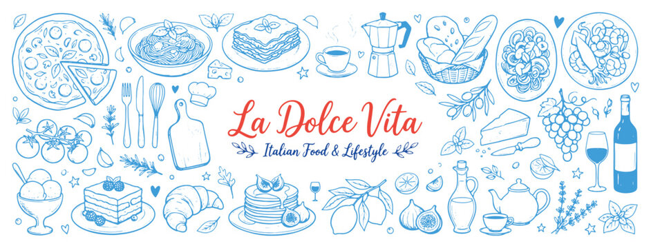Italian cuisine sketch set including pizza pasta wine and desserts in blue line art style with illustrations with displays collection hand, drawn italian food Isomatic website template