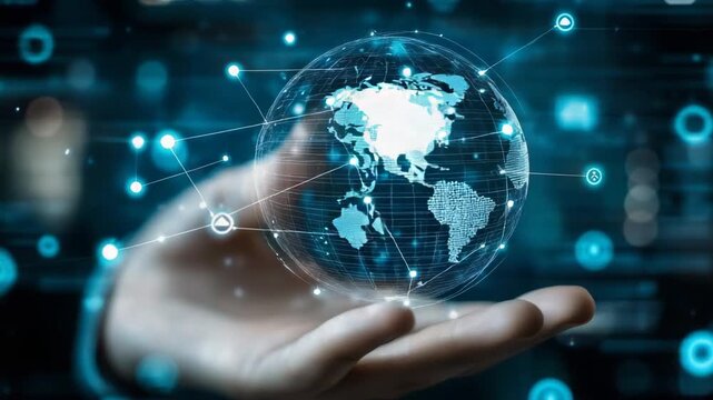 Businessman holding a futuristic spinning digital earth hologram with a global network connection, representing international business and advanced communication technology