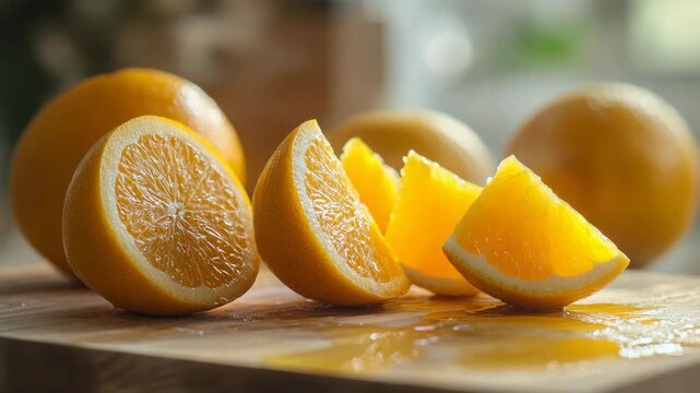 Freshly squeezed orange juice pouring over ripe citrus fruit slices on a wooden cutting board, a close-up showcasing a healthy and refreshing vitamin-rich breakfast concept