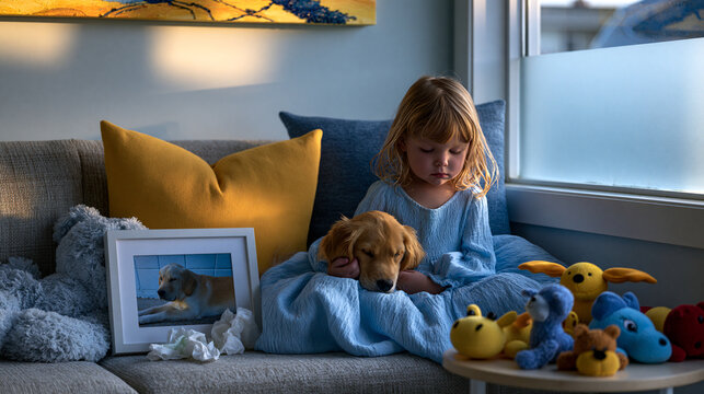 Child grief counselor's waiting room showing young girl holding framed photo of dog, tissues beside her, sunlight filtering softly through frosted window, therapeutic toys arranged on low table duri