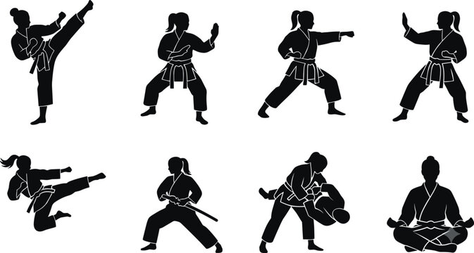 Set of professional martial arts female fighter silhouette icons featuring various karate and judo poses.