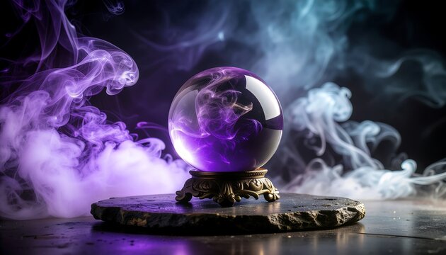 Mystic crystal orb emitting swirling purple mist on dark stone altar