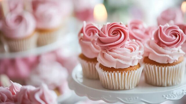 Pink rose cupcakes with buttercream icing on a white stand for a birthday party, wedding celebration, or special event, showcasing delicious homemade bakery desserts