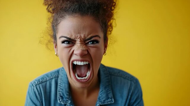 Angry furious young african american woman screaming and yelling at camera with aggression, showing negative emotions of rage, madness, and stress on a yellow background