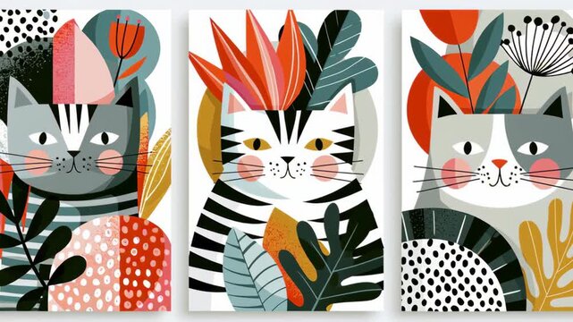 Triptych featuring cute minimalist boho cats in soft earthy tones with modern whimsical illustration style, perfect for nursery, living room wall art, home decor or printable background.