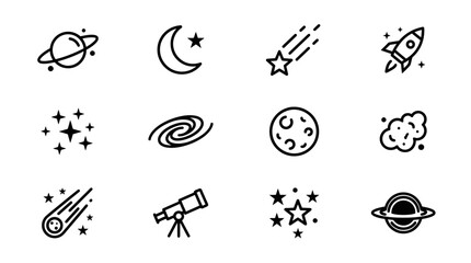 Sleek Black and White Space Themed Icons Set Planets Rockets Stars Telescope and Celestial Bodies © Tomo