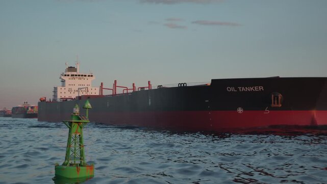 Oil tanker and cargo ships crossing narrow coastal strait