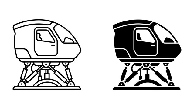Flight Simulator Cockpits: Two detailed icons of a flight simulator cockpit, one in black outline and the other in solid black, showcase the advanced technology used for pilot training.
