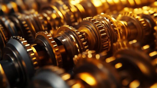 Close-up of a rotating industrial gearbox mechanism showing the intricate interaction of metallic gears and cogs, symbolizing precision engineering and industrial technology