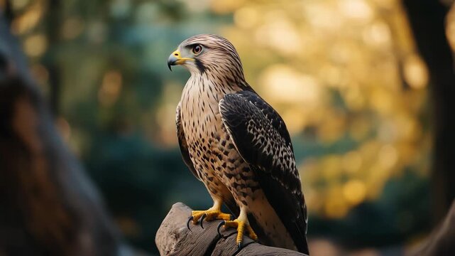Majestic saker falcon bird of prey perching on a branch in a tranquil forest environment, looking attentively around with its keen eyesight during a warm sunset