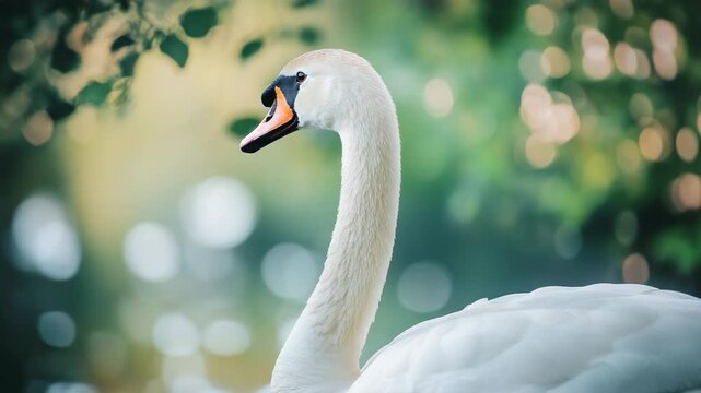 Graceful white mute swan turning its elegant long neck with a serene expression against a beautiful green bokeh background in a tranquil natural setting