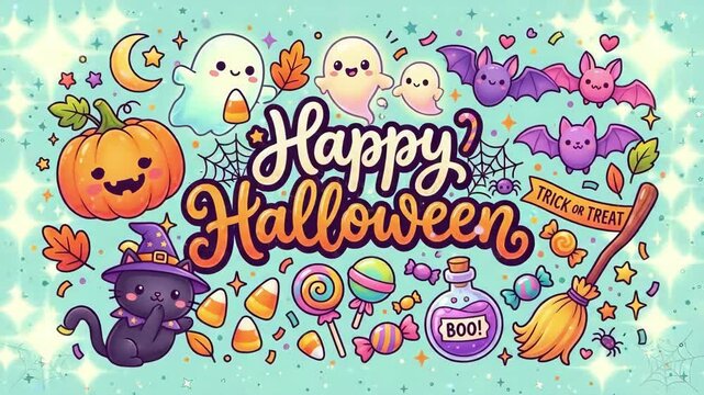 Cute halloween illustration featuring happy pumpkin ghosts bats and witch cat. Spooky elements with candy broom spider and moon. Festive halloween greeting card design for seasonal celebrations