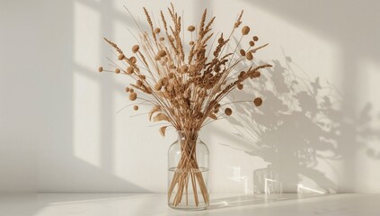 Fototapeta premium Dried Flowers in a Glass Vase Create a Simple Display on a Table With Sunlight Streaming In