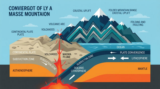 Geological cross section diagram illustrating the tectonic plate subduction process and the formation of volcanic arcs with convergence subduction zones