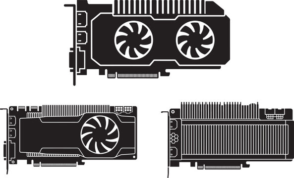 Set of computer graphics cards silhouettes for pc building with graphics computer hardware component electronics processor silhouette illustration isolated performance rendering technology